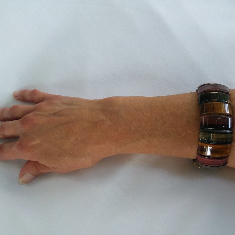 Bracelet Semi-Precious Tiger Eye Gemstone Stretch Multi Color - Picture 4 of 5